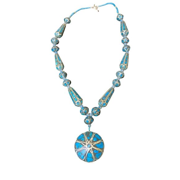 Vintage Blue Mosaic Beaded Necklace With Circular Pendant & Toggle Clasp - Picture 2 of 13